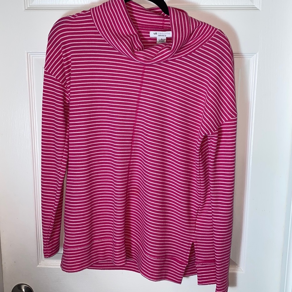 Liz Claiborne Womens Pink Striped Cowl Neck High Low Hem Pullover Sweater Size M